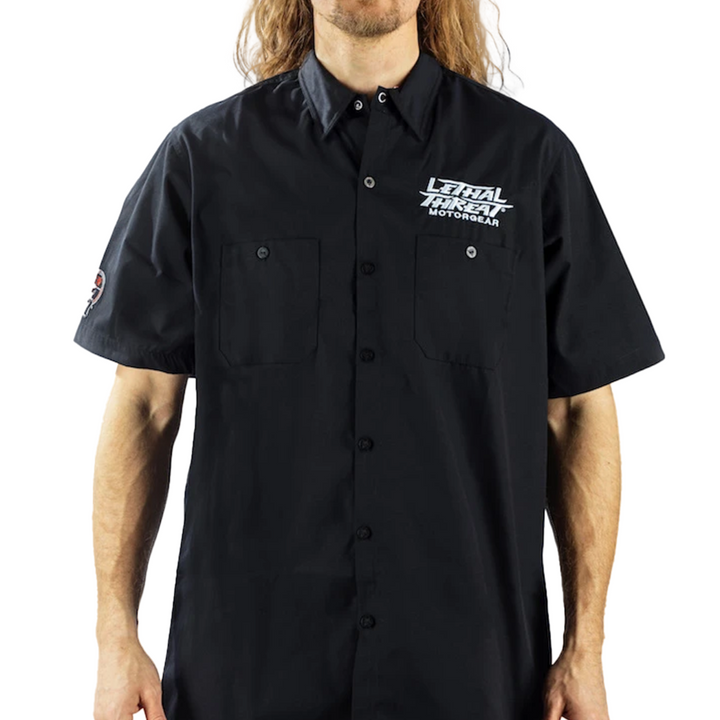 Highway Outlaw Rat Rod Skull Driver Embroidered Work Shirt / Shop Shirt