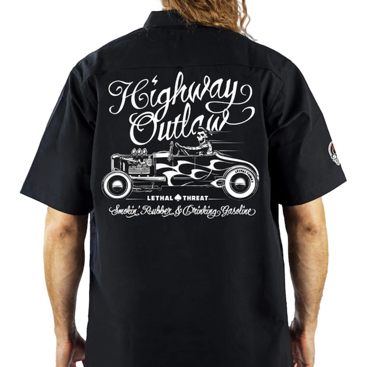 Highway Outlaw Rat Rod Skull Driver Embroidered Work Shirt / Shop Shirt