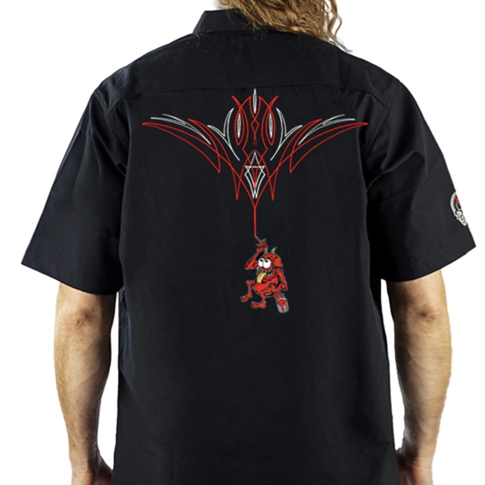 Pinstripe Painting Monster Embroidered Work Shirt / Shop Shirt