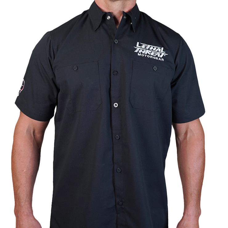 Winged Vintage Motorcycle Rider Skull Embroidered Work Shirt / Shop Shirt