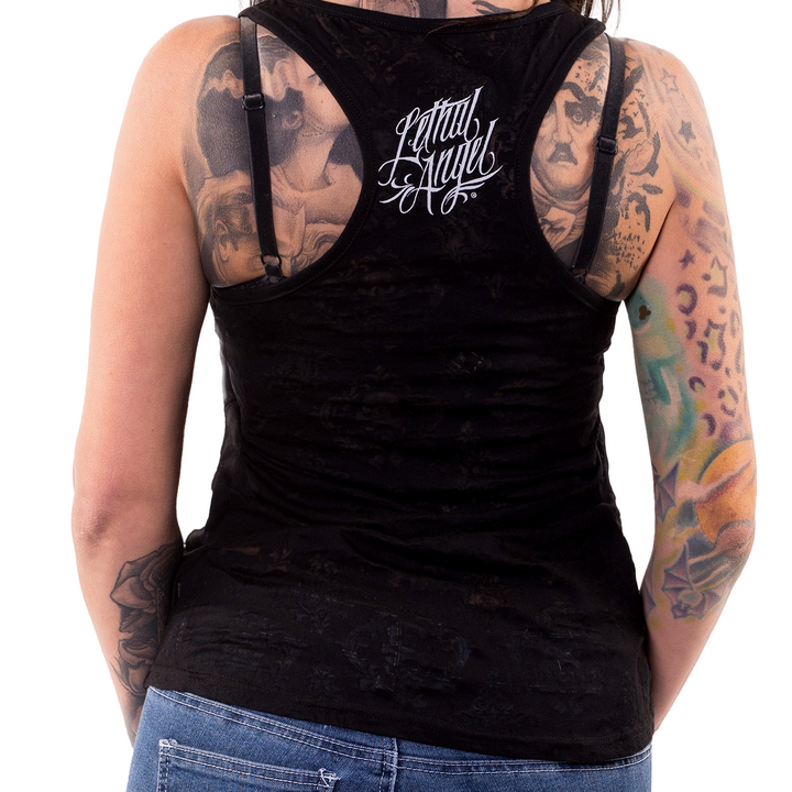 Black Lace Rip Skull Razor Back Tank Top