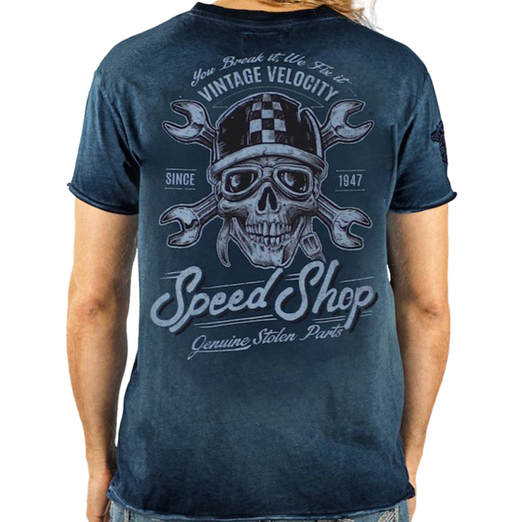 Vintage Velocity Speed Shop Blue Wrench Skull Wash Tee