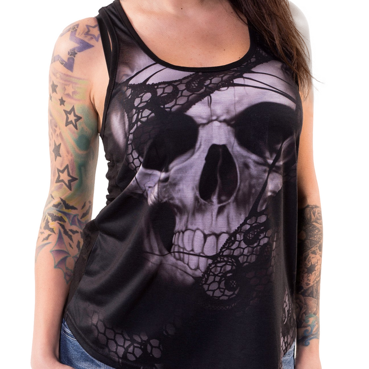 Black Lace Rip Skull Razor Back Tank Top
