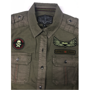 Untamed Flying Tiger Army Green Embroidered Button Down Shirt