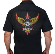Pinstripe Flying Winged Eyeball  Embroidered Work Shirt / Shop Shirt