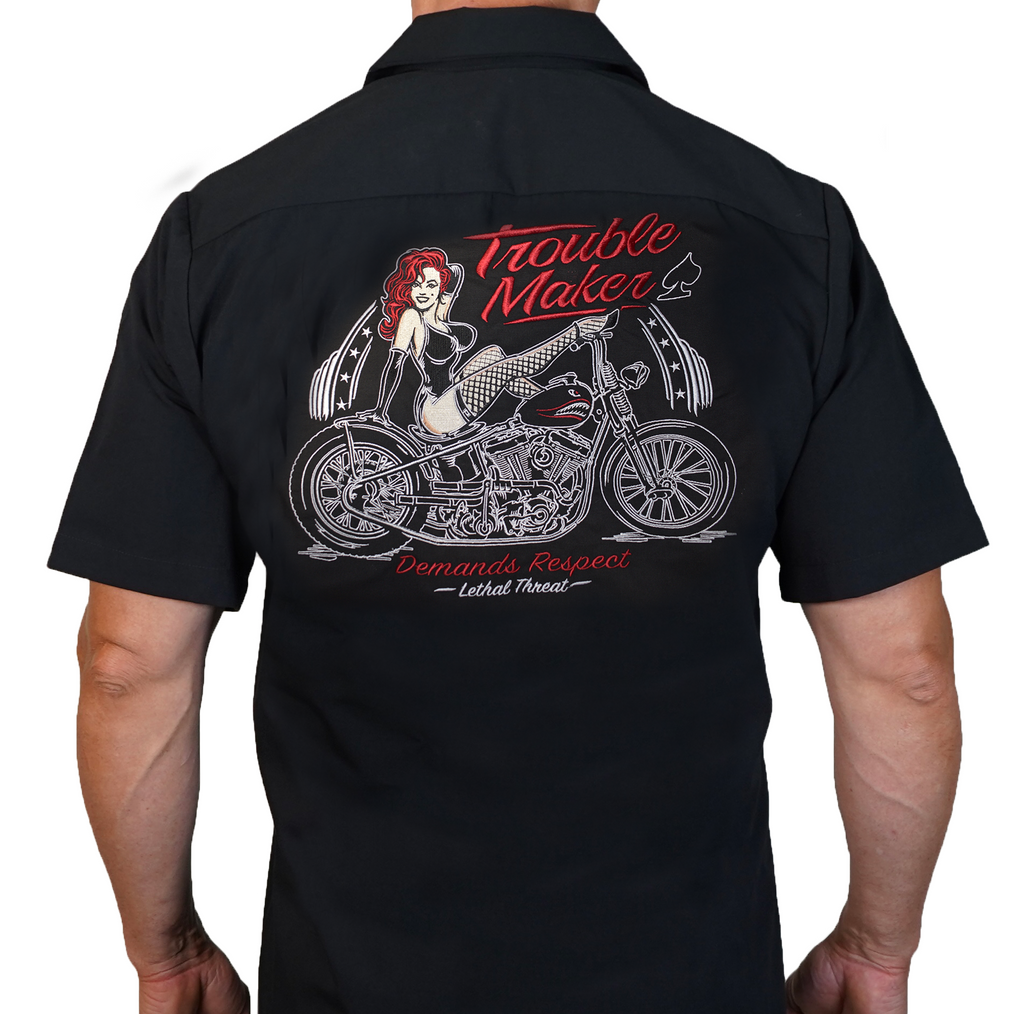 Trouble Maker Motorcycle Pin Up Girl Embroidered Work Shirt / Shop