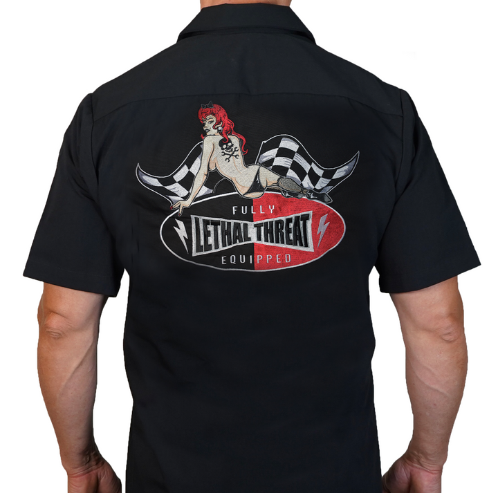 Fully Equipped Pin Up Girl Embroidered Work Shirt / Shop Shirt