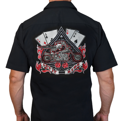 Let It Ride Motorcycle Skull Rider Embroidered Work Shirt / Shop Shirt