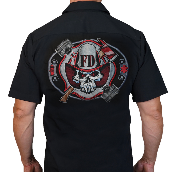 Fire Department Skull Embroidered Work Shirt / Shop Shirt