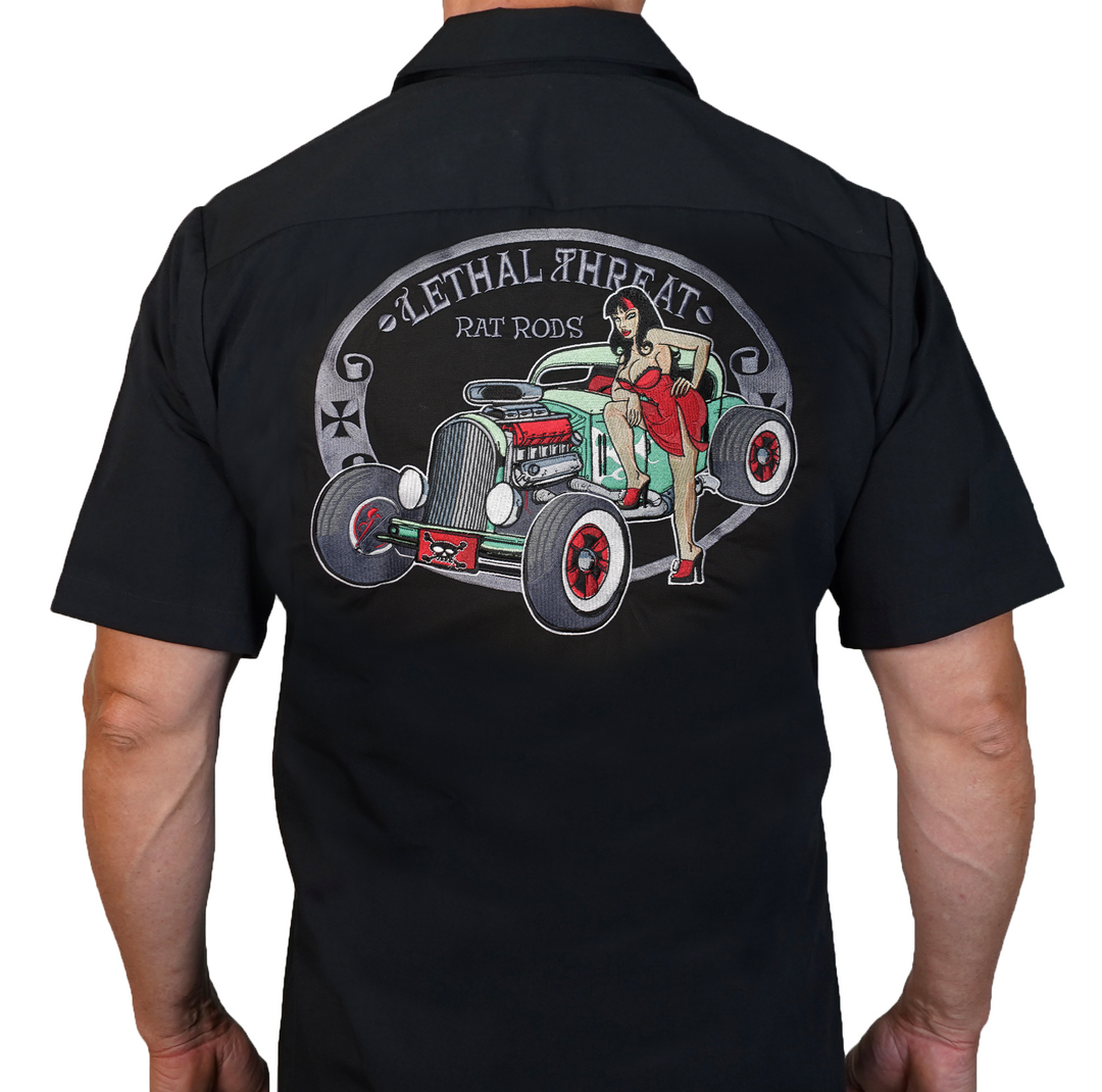 Rat Rod Pin Up Girl Embroidered Work Shirt / Shop Shirt