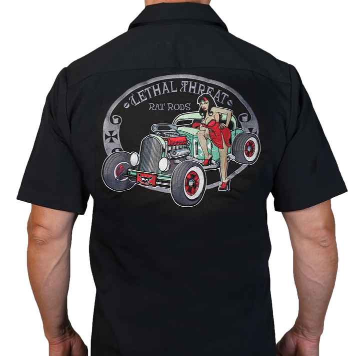 Rat Rod Pin Up Girl Embroidered Work Shirt / Shop Shirt