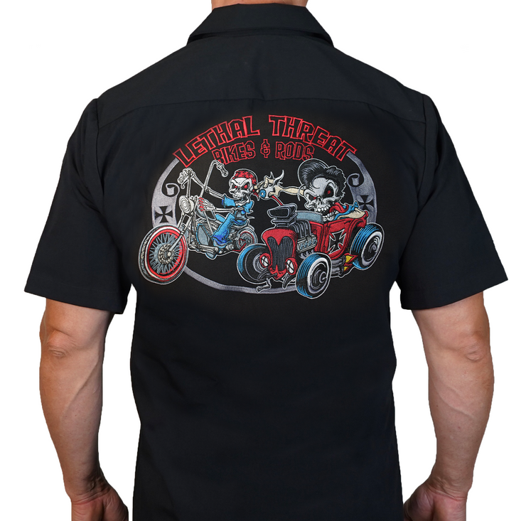 Bikes & Hot Rods Skull Racers Embroidered Work Shirt / Shop Shirt ...