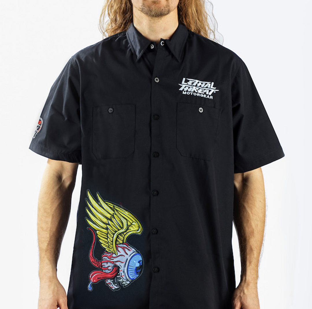 Winged Eyeball Monster Embroidered Work Shirt / Shop Shirt