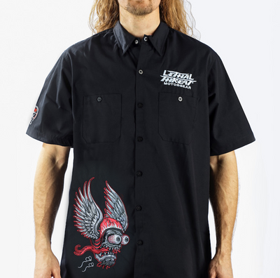 Winged Helmet Monster Embroidered Work Shirt / Shop Shirt